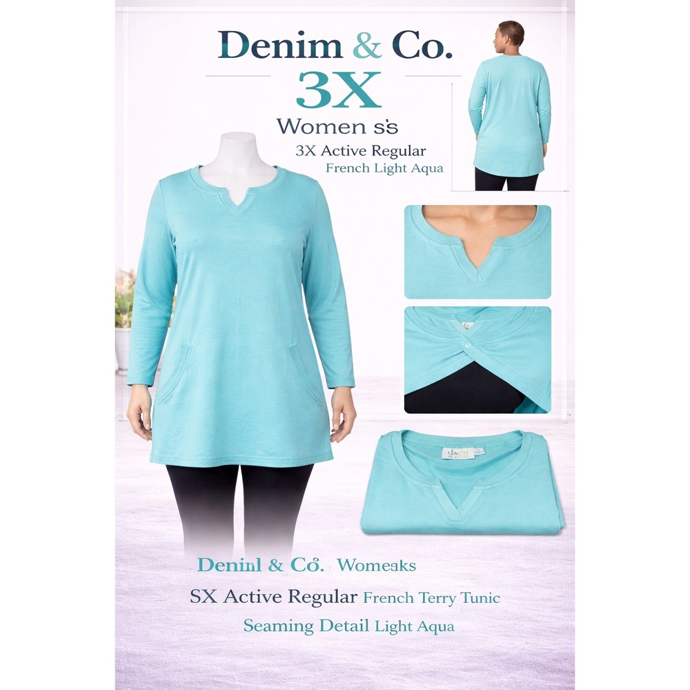 Denim & Co Womens 3X Active French Terry‎ Tunic Aqua Split Neck A261545 NWT